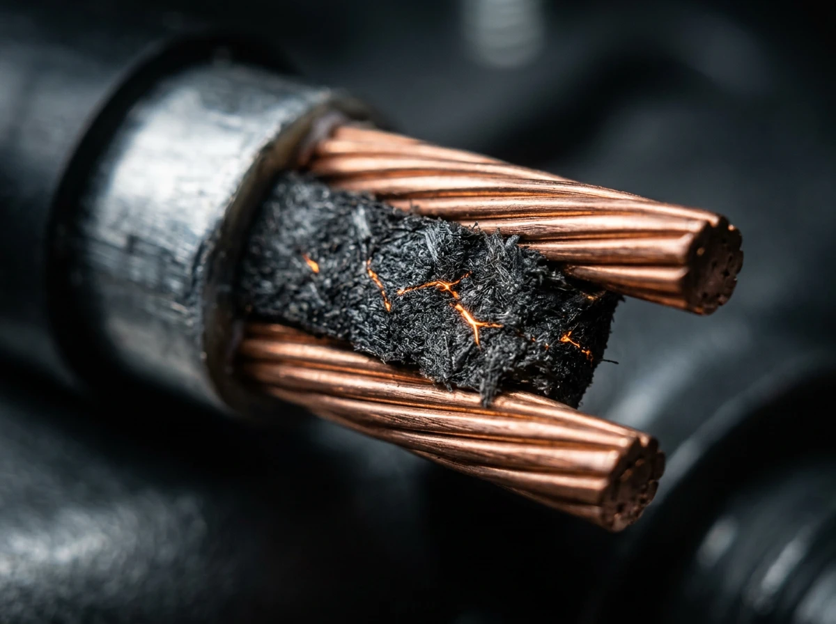 Macro view of self regulating heat trace core showing internal copper wires and conductive polymer matrix.