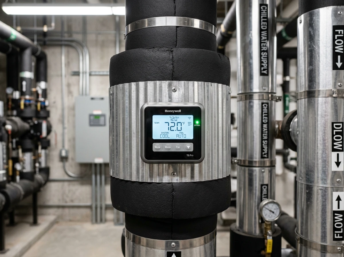 Digital thermostat controlling an industrial heat trace system on insulated commercial pipes in a mechanical room.