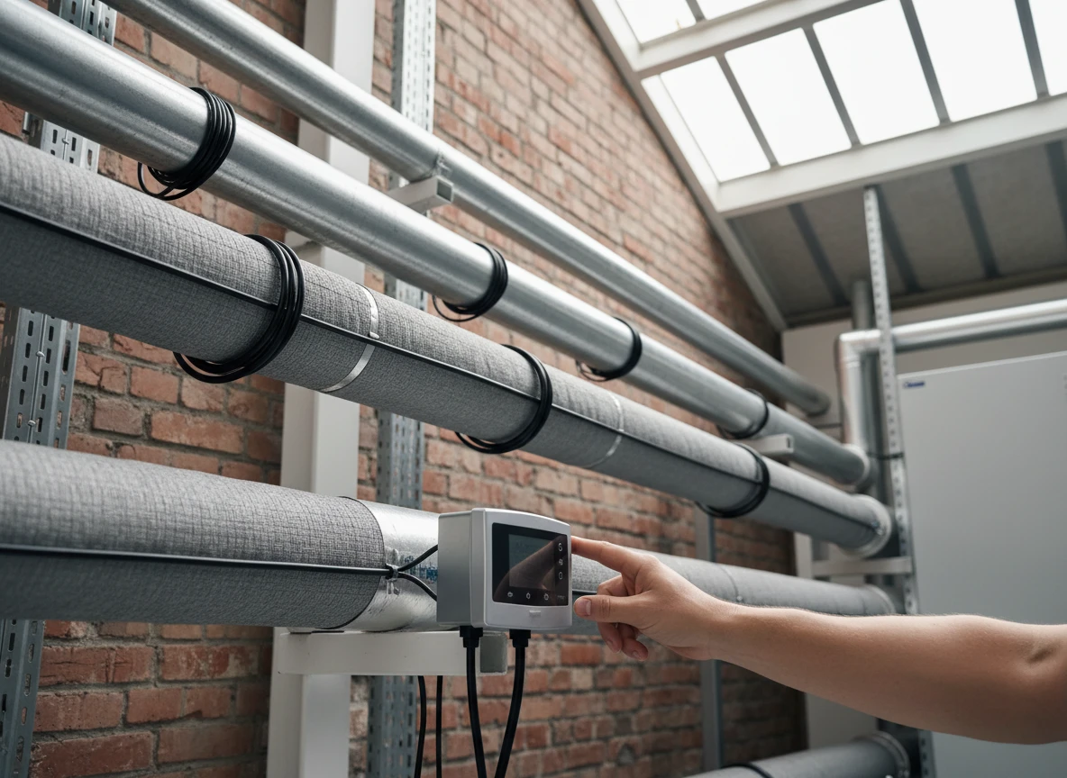 Technician adjusting an industrial heat trace system on insulated pipes to prevent heat tape failure.