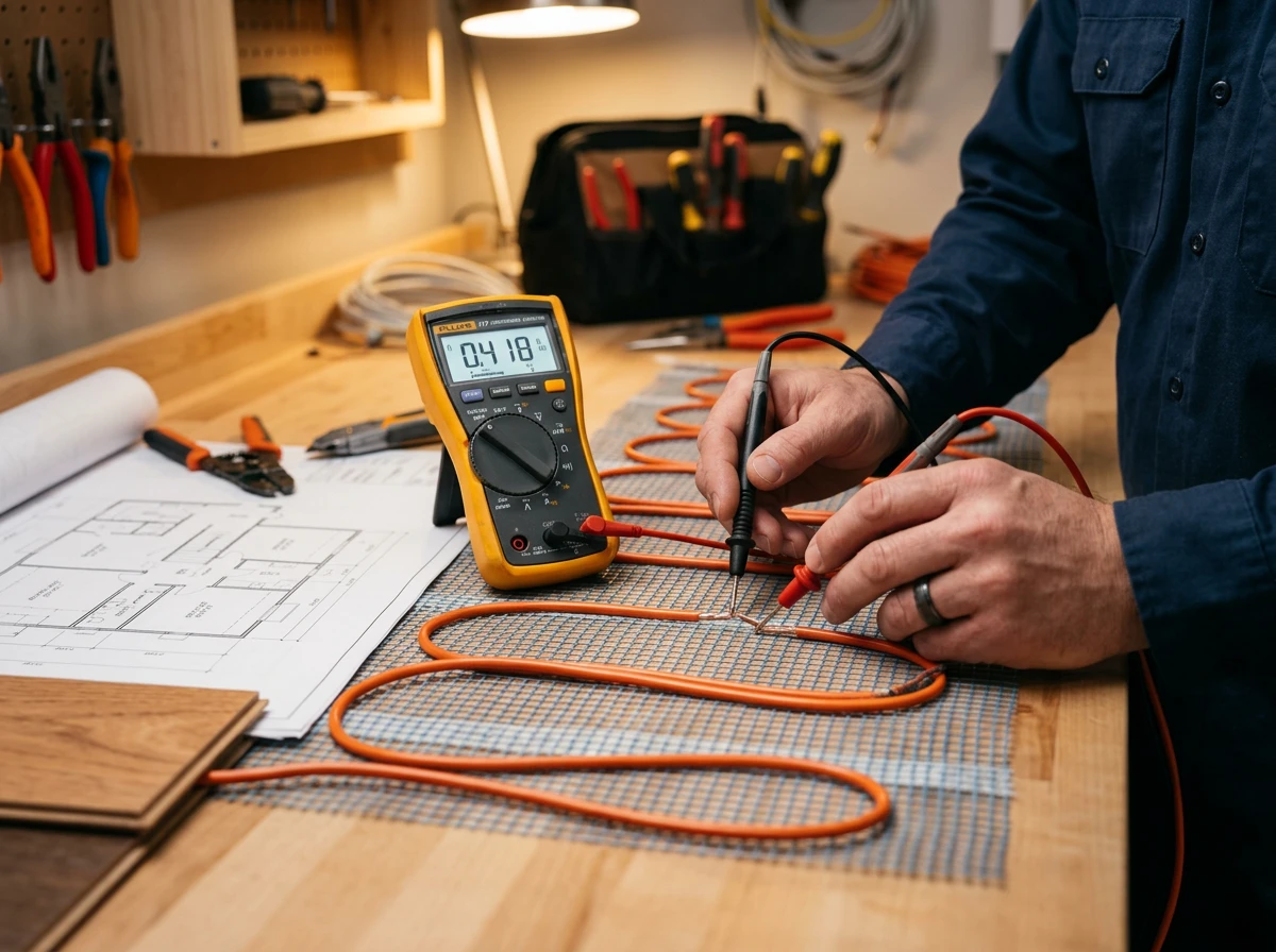 A technician testing an electric floor heating mat with a digital multimeter on a wooden workbench.