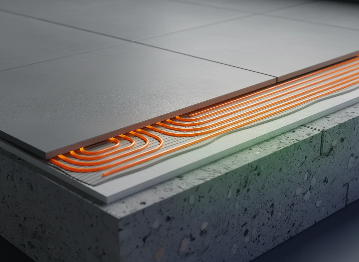 A cross-section diagram showing glowing radiant floor heating systems installed beneath bathroom tiles.