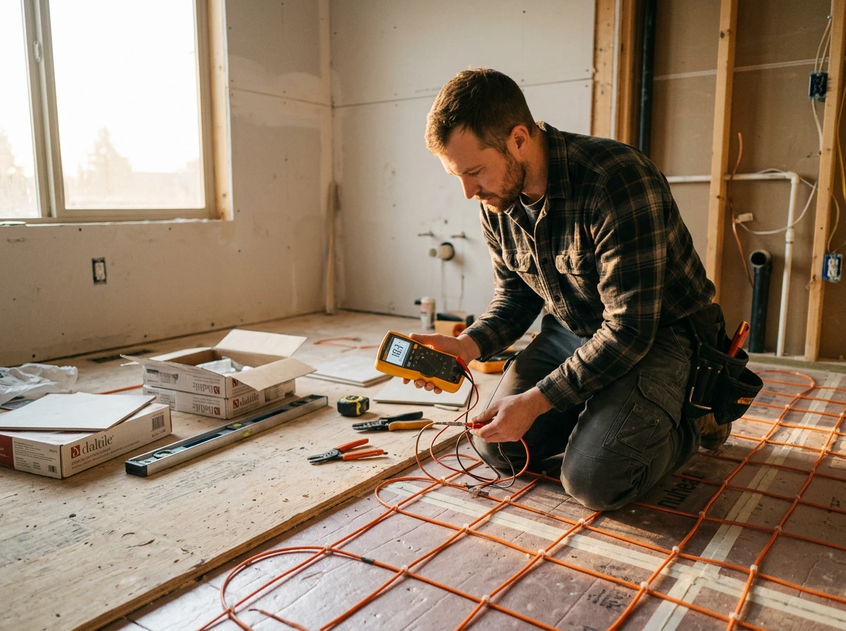 Technician testing electric underfloor heating system wires during bathroom floor heating installation.