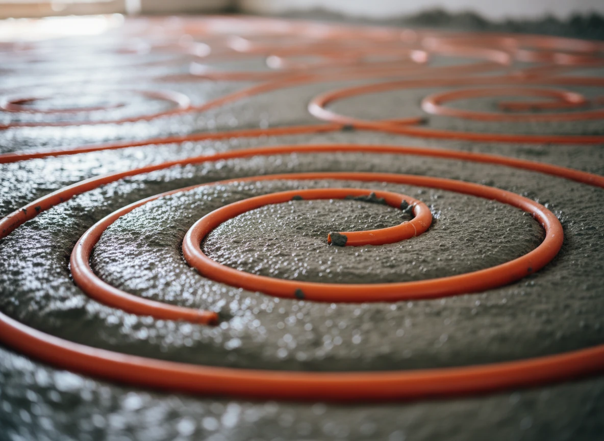 Close-up of radiant floor heating systems showing orange pipes coiled inside fresh concrete.