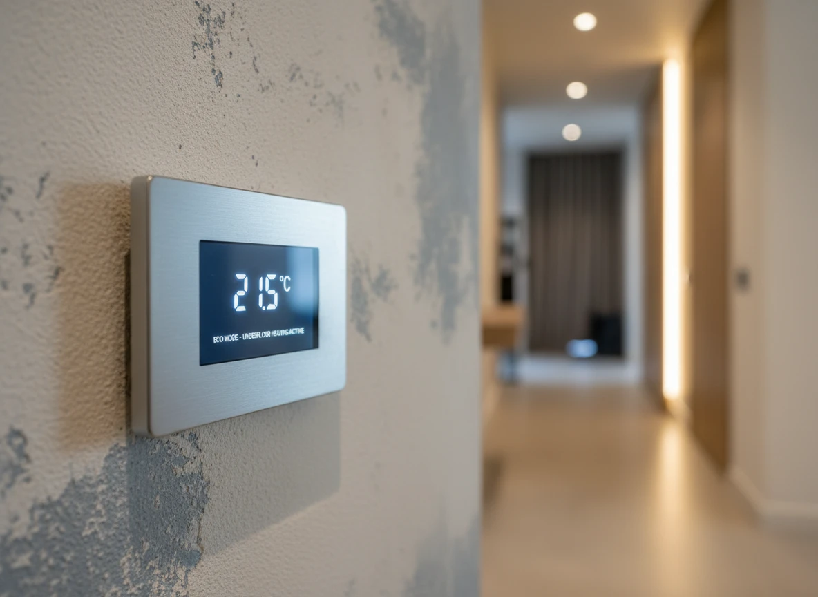 A modern thermostat mounted on a textured wall, managing the underfloor heating system temperature.
