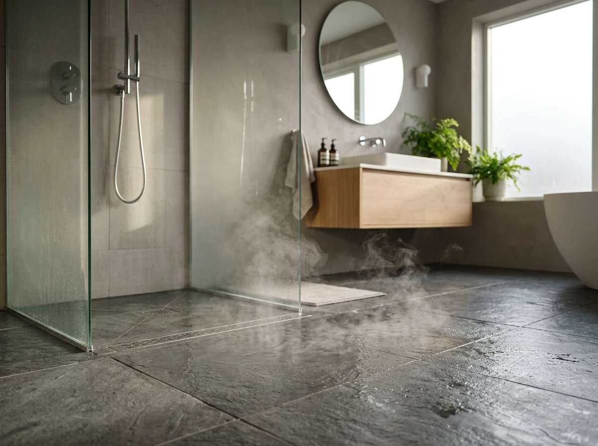 A steamy modern bathroom showcasing the comfort and efficiency of bathroom floor heating solutions.