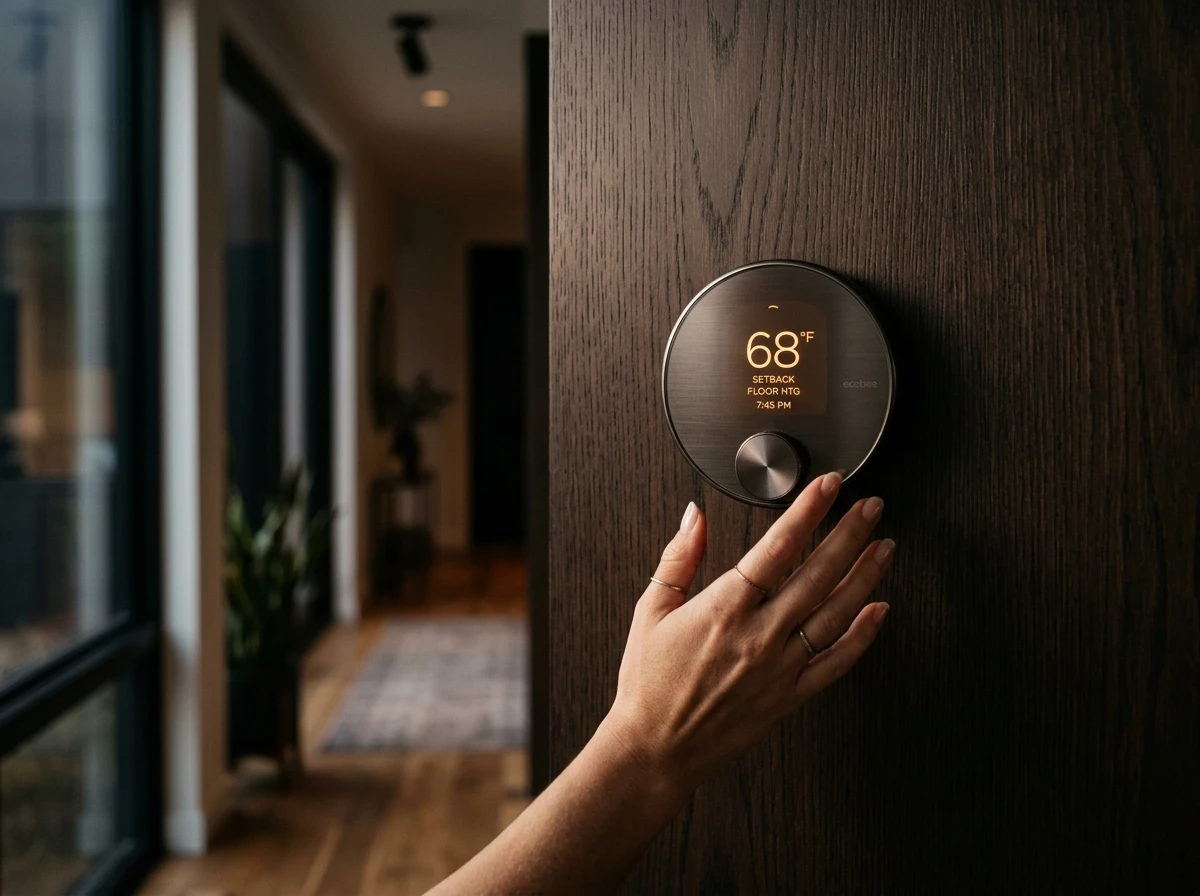 A hand adjusting a digital thermostat controlling the underfloor heating system on a wall.