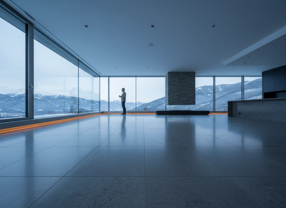 A person standing by panoramic snowy windows in a home using water based floor heating solutions during winter.