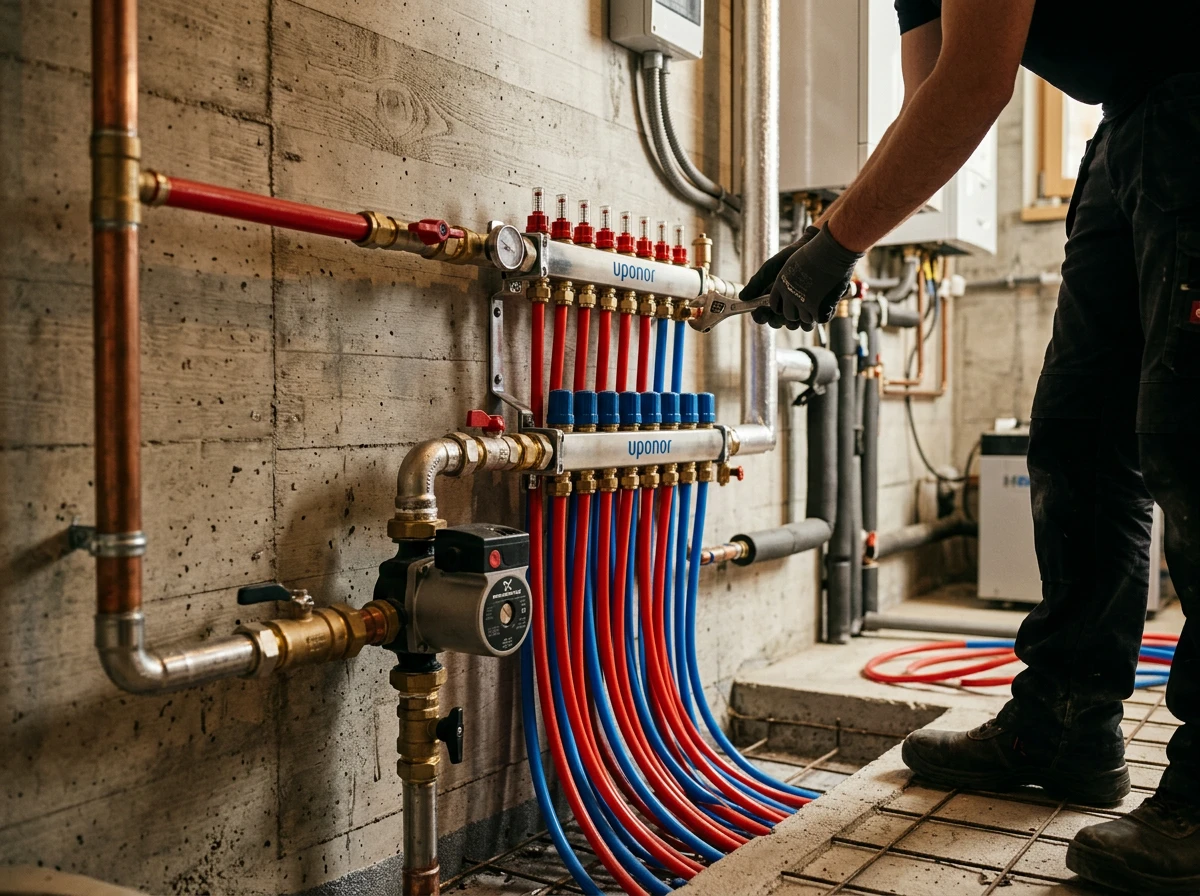 A technician installing water based floor heating components for hydronic radiant floor heating systems.