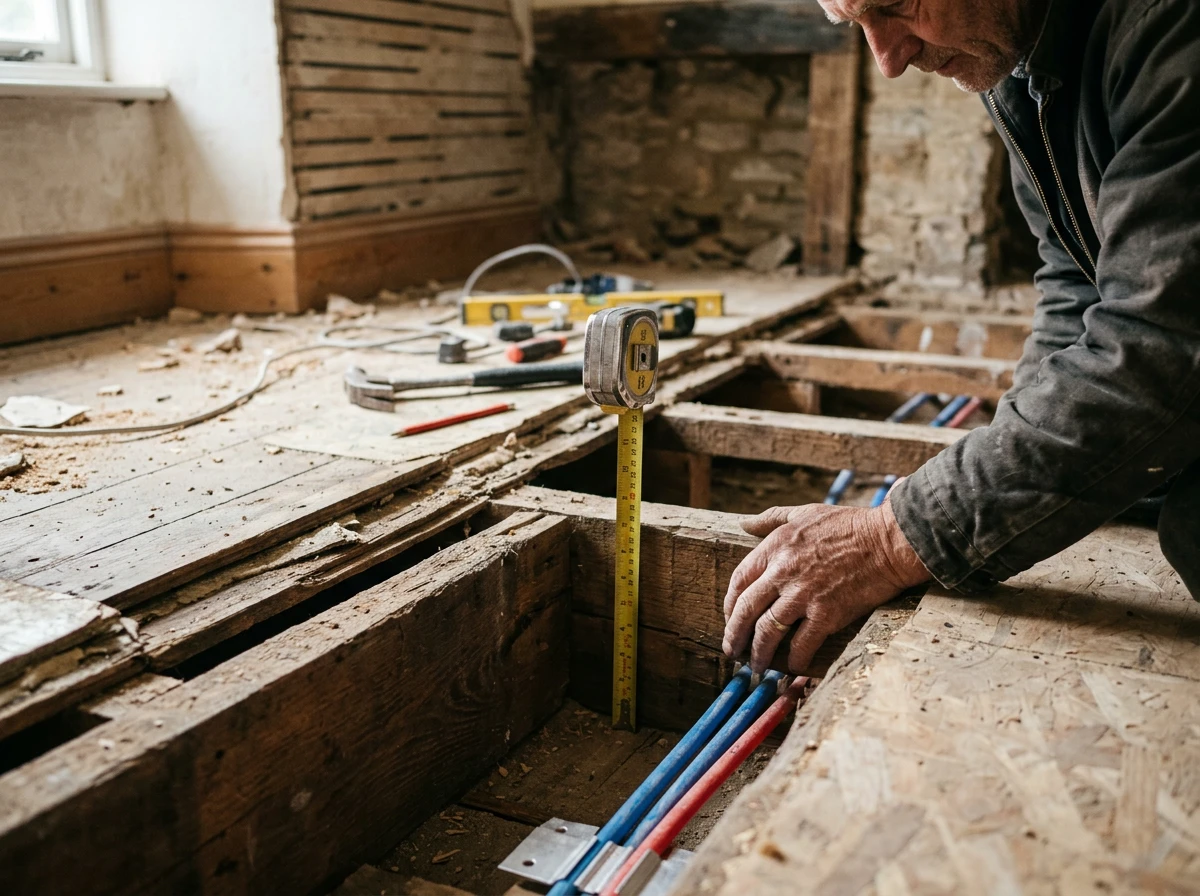 A contractor measuring subfloor depth while installing radiant floor heat and water based floor heating.