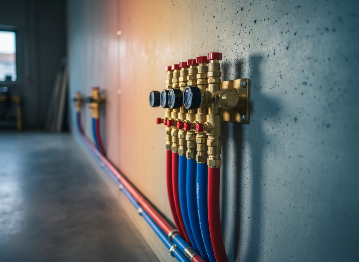 Brass manifold with red and blue pipes mounted on a concrete wall for an underfloor heating system.