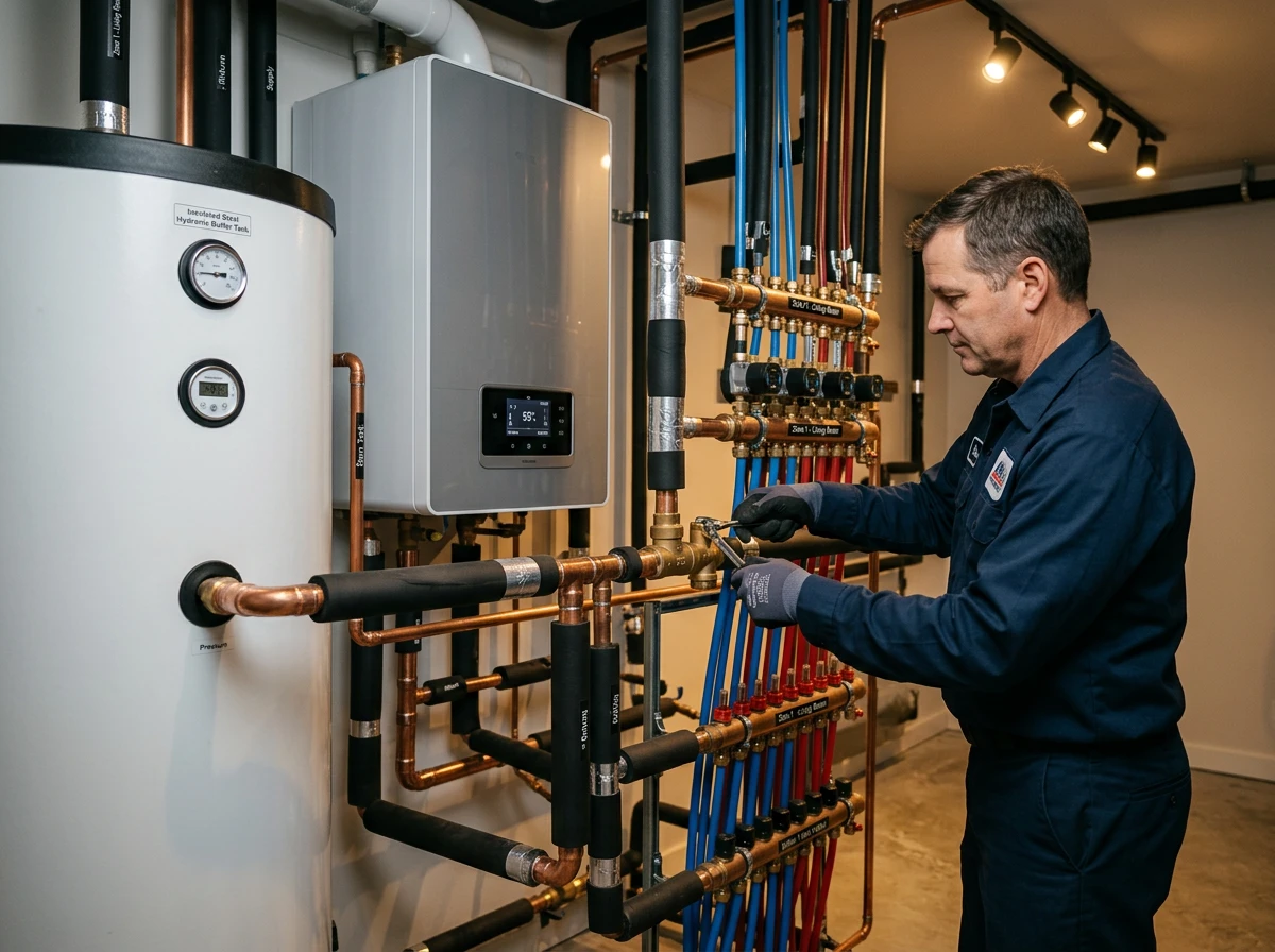 A technician working on a radiant heat buffer tank setup for hydronic radiant floor heating.