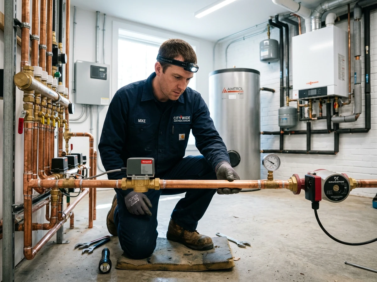 A heating technician inspecting copper piping and pumps for an underfloor heating system.