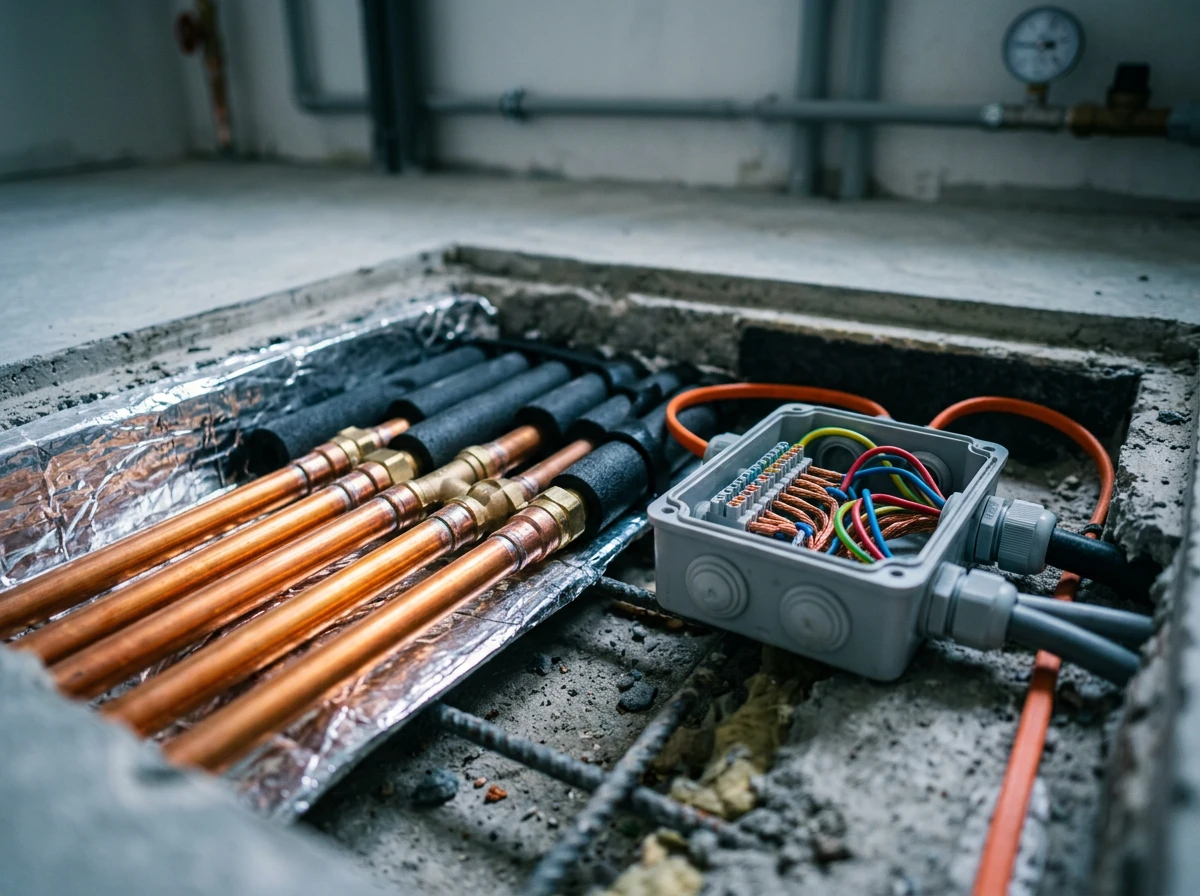 Copper pipes and junction box for electric underfloor heating systems showing under floor heating issues.