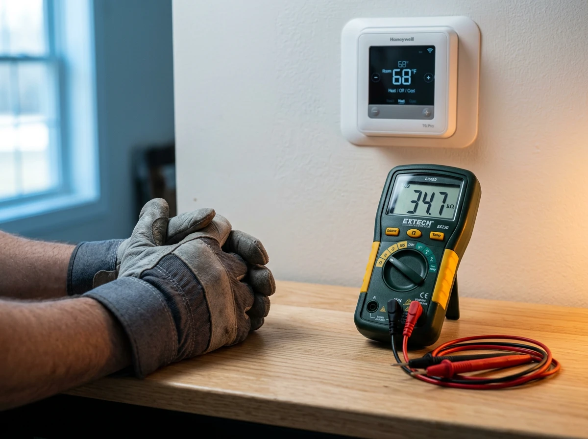 Digital multimeter and smart thermostat checking electric floor heating systems for heating wire overheating.