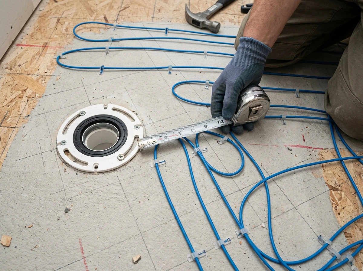 Worker uses a tape measure to check floor heating installation distance from the toilet flange.