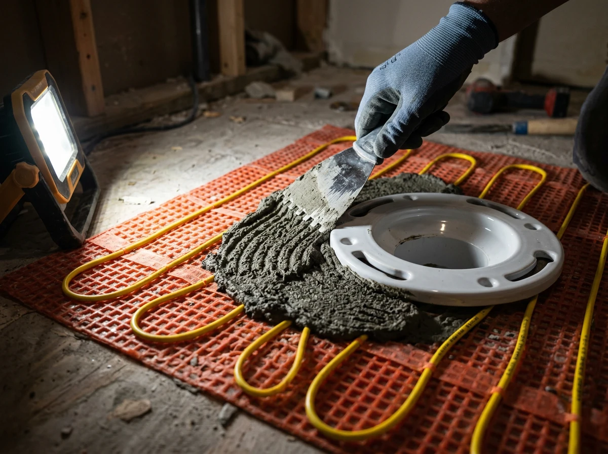 Applying thinset mortar around a toilet flange during heated bathroom tiles installation.