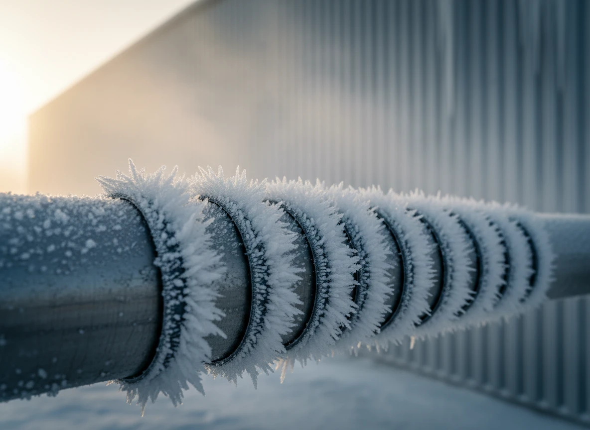 A frozen industrial pipe covered in sharp ice crystals illustrating the need for reliable pipe freeze protection.