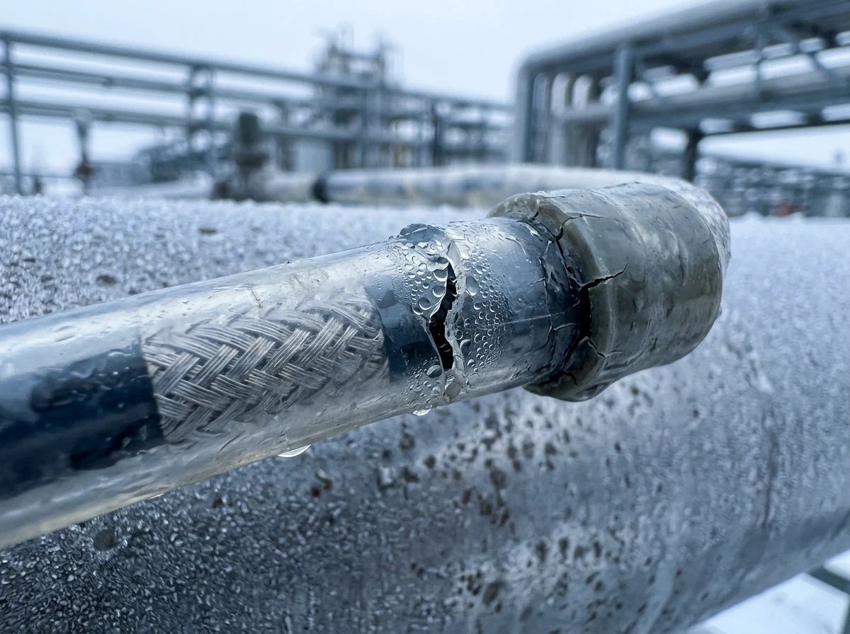 Damaged self regulating heat trace cable on an industrial pipe requiring pipe freeze protection fixes.