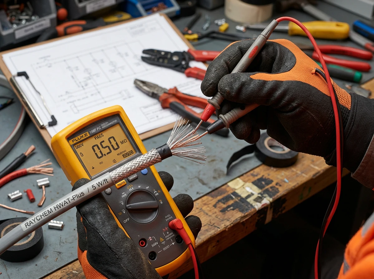 Technician testing self regulating heating cables with a multimeter during heat tape troubleshooting.