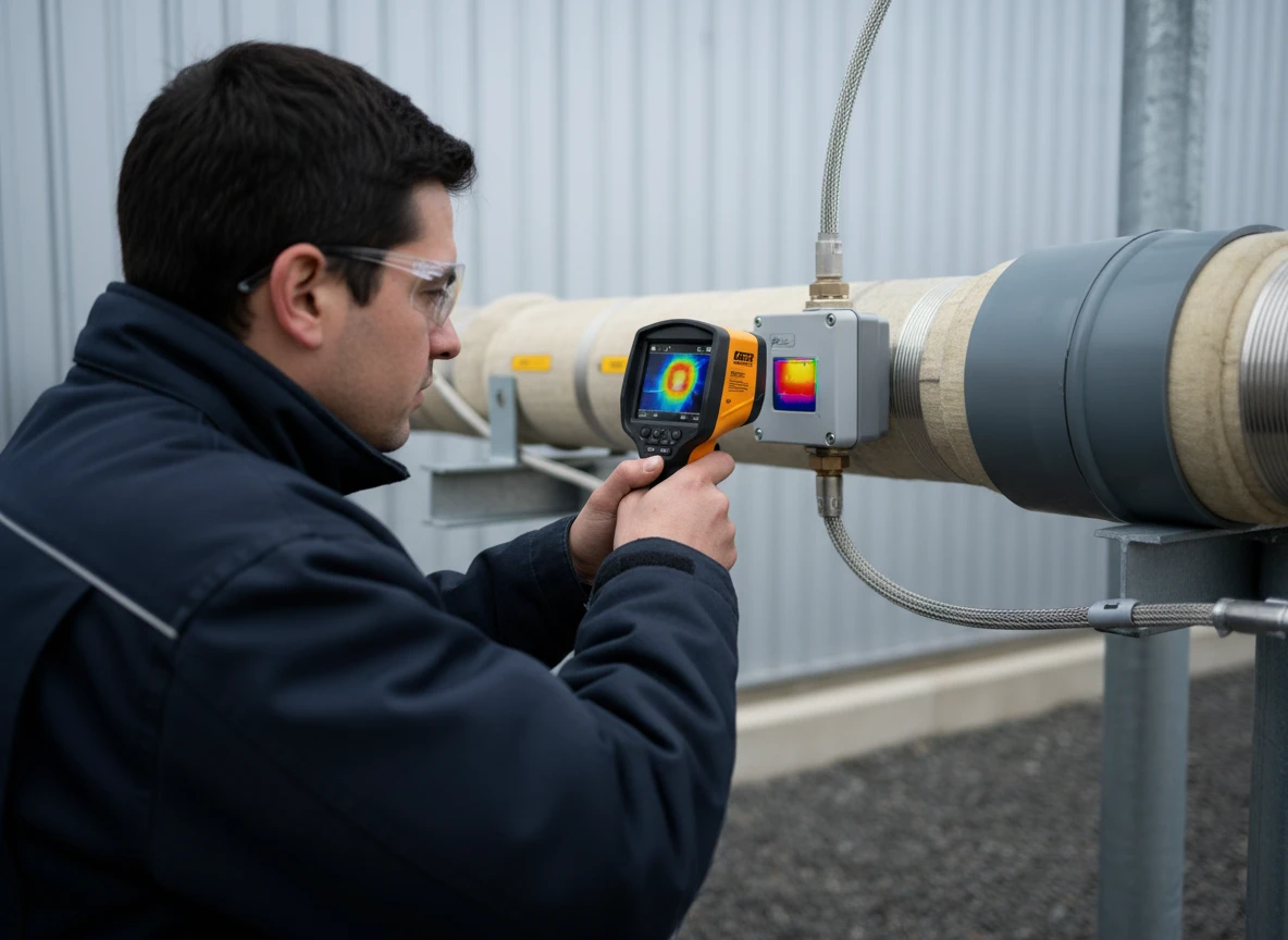 Technician using a thermal camera for self regulating heat trace troubleshooting on insulated pipes.