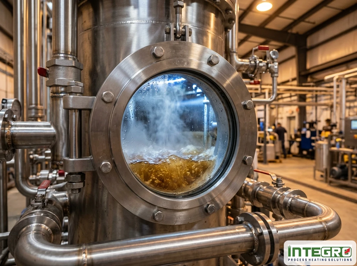 A stainless steel industrial wastewater evaporator processing liquid inside a vacuum evaporator system.