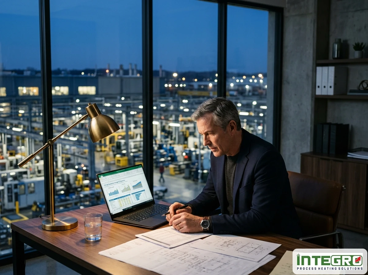 An engineer reviewing wastewater evaporator cost reports on a laptop overlooking a manufacturing plant.