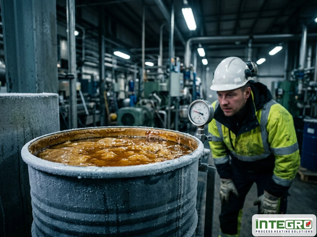 An industrial worker checks a gauge on a 55 gallon drum heater failing against cold factory conditions.