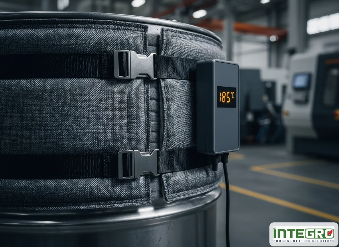 A close-up of a flexible heating jacket secured on a metal drum with adjustable straps and a digital temperature display.