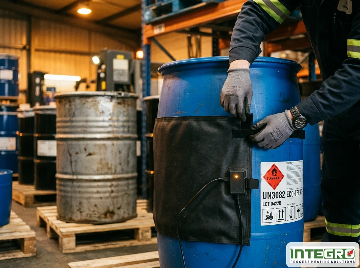 A worker in a warehouse applies a barrel heater blanket around a blue plastic industrial drum heater for process control.