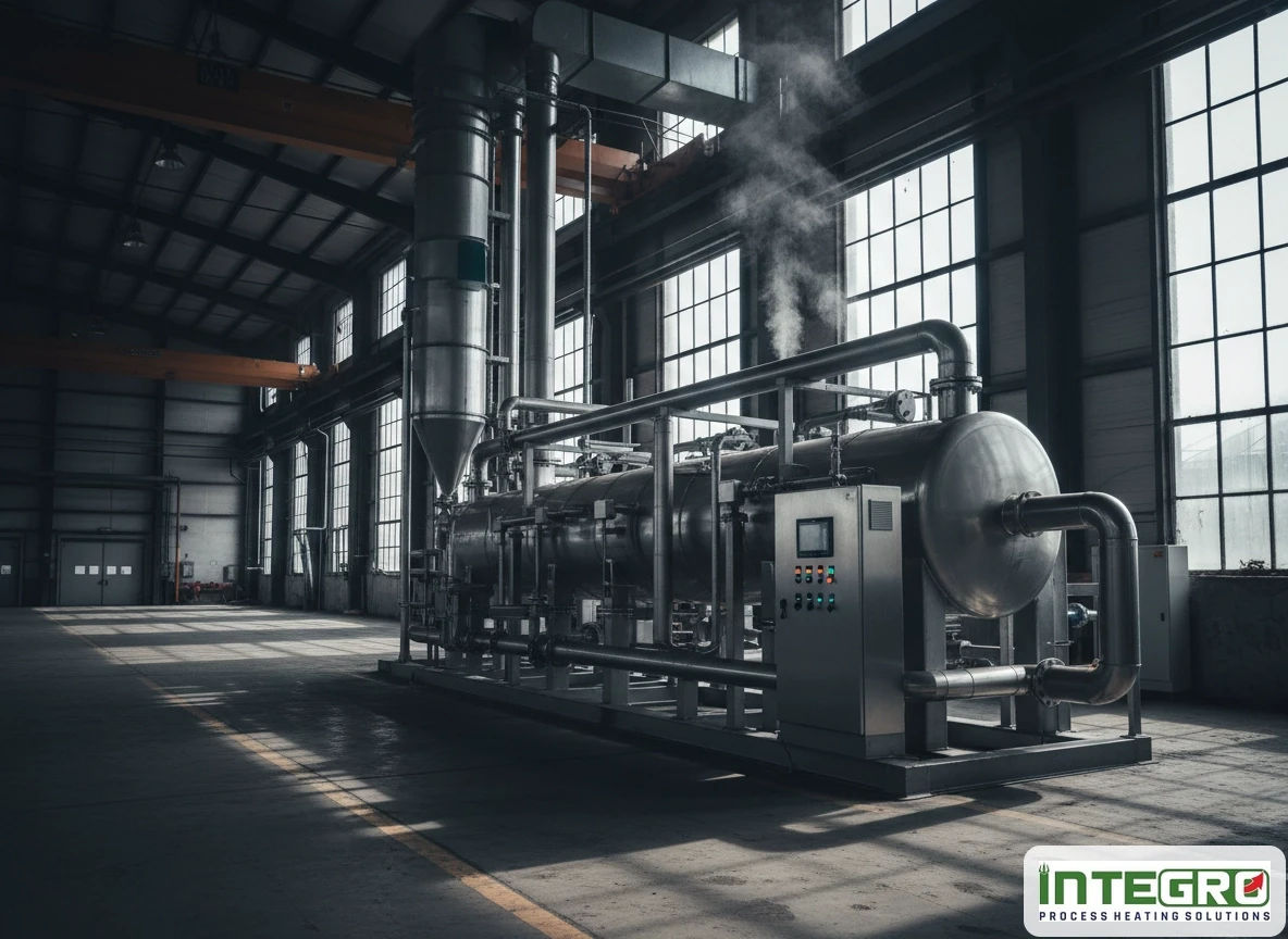 A large industrial wastewater evaporator system operating inside a spacious factory building.