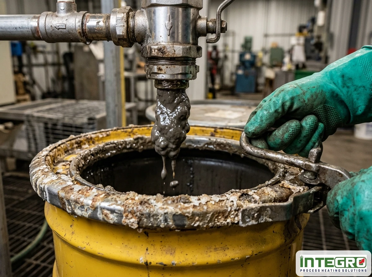 A worker handling sludge from an industrial waste water evaporator into a drum.