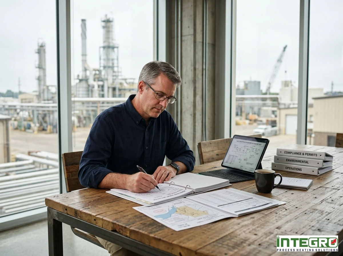 An engineer reviewing compliance documents for an industrial wastewater evaporator.