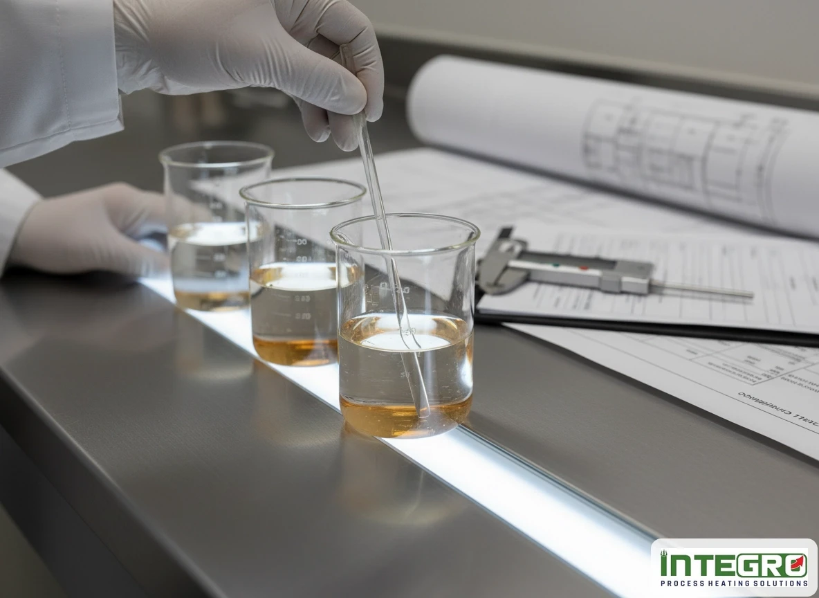 A technician testing samples for an industrial waste water evaporator system project.
