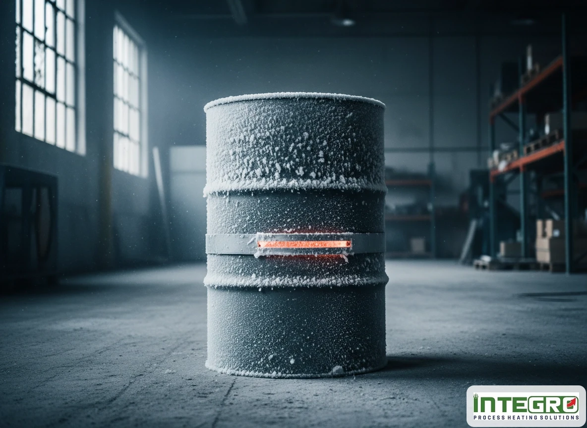 A rigid metal electric barrel heater failing on a frozen drum in an unheated industrial facility.
