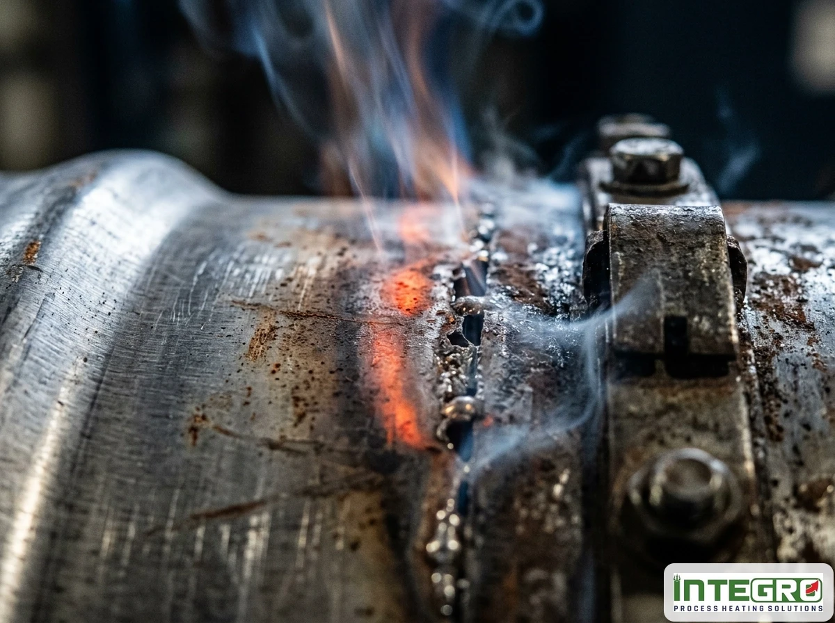 A smoking rigid band heater failing on a metal drum, showing why flexible heating jackets are safer.