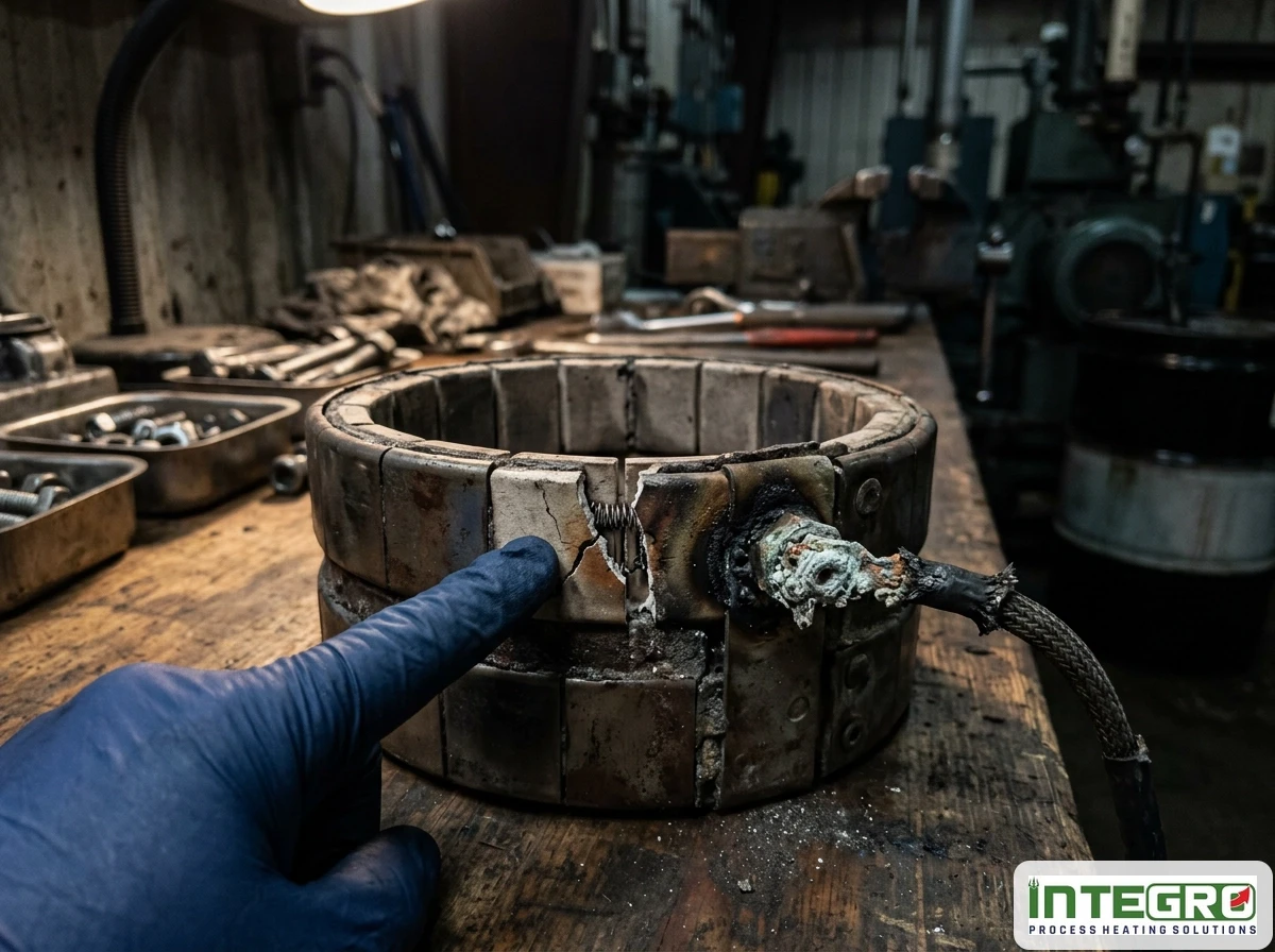 A broken rigid ceramic band heater on a workbench, contrasting with an industrial heating jacket.