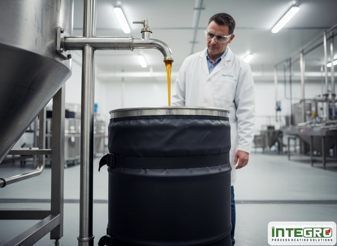 An industrial heating jacket warms a 55 gallon drum heater in a clean facility.