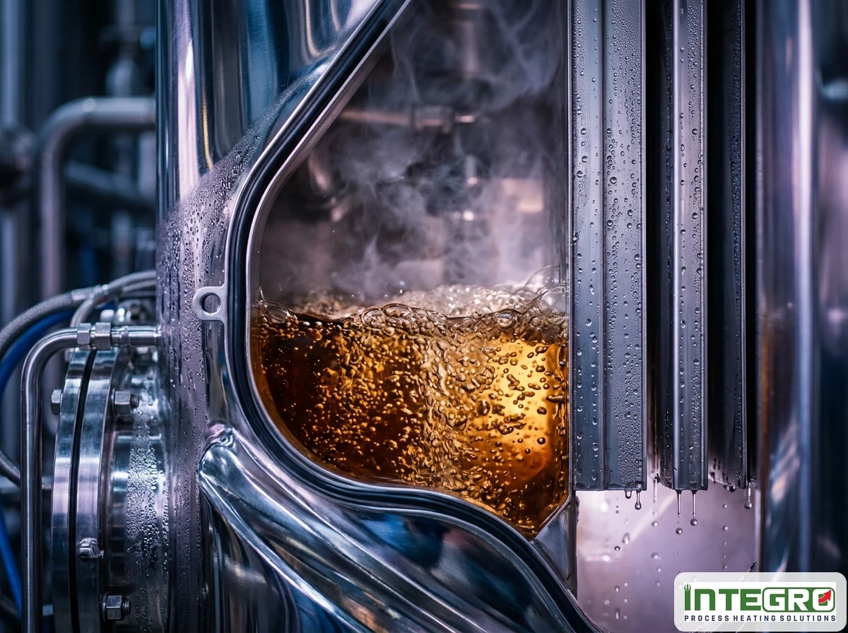 Boiling amber liquid inside an industrial wastewater evaporator system with visible steam.