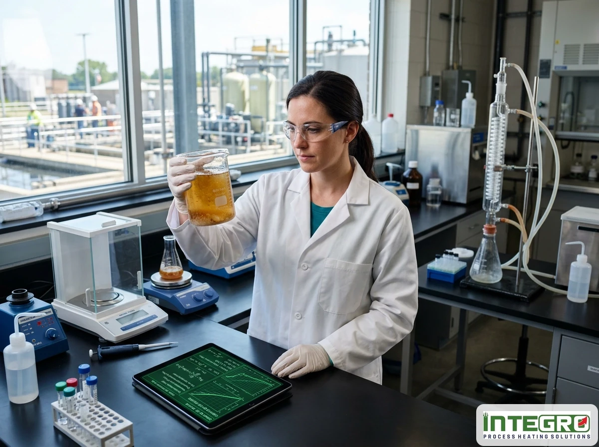 A technician testing effluent evaporator samples in a lab before using a waste water evaporation machine.