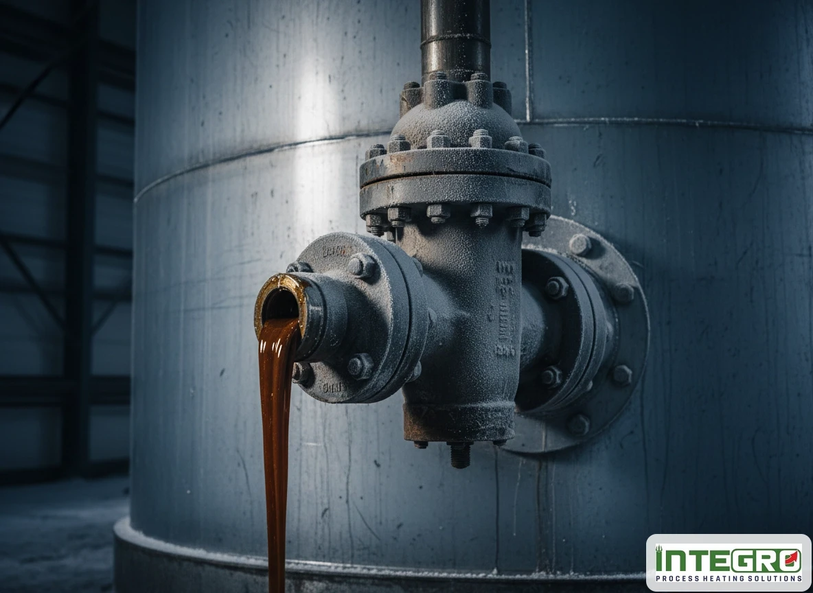 Thick fluid pouring slowly from a frozen industrial valve, highlighting the need for temperature maintenance for drums.
