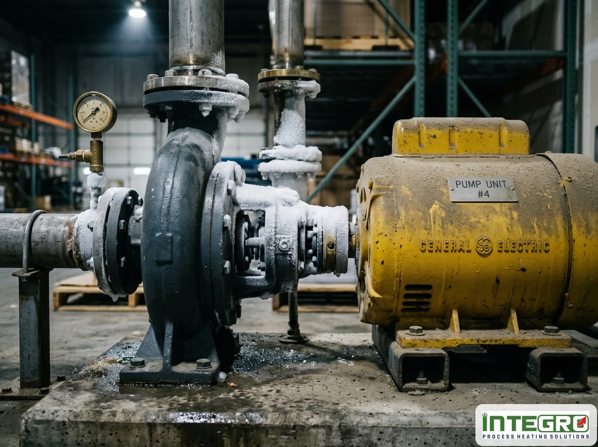 Frozen industrial pump unit in a cold warehouse showing how low temperatures affect the pumpability of materials.