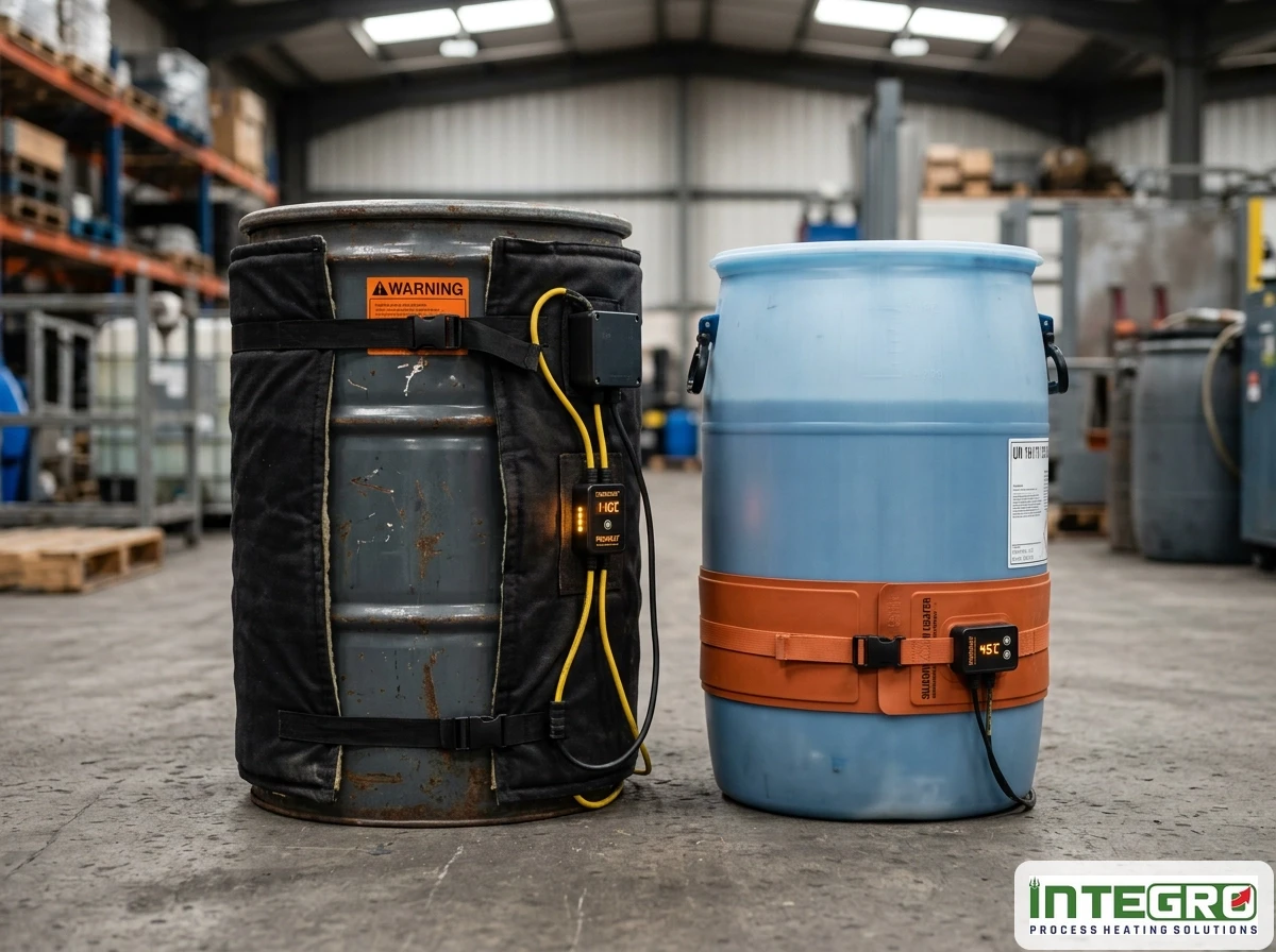 A metal drum heating system and drum heating jacket installed on industrial containers for viscous liquid heating.
