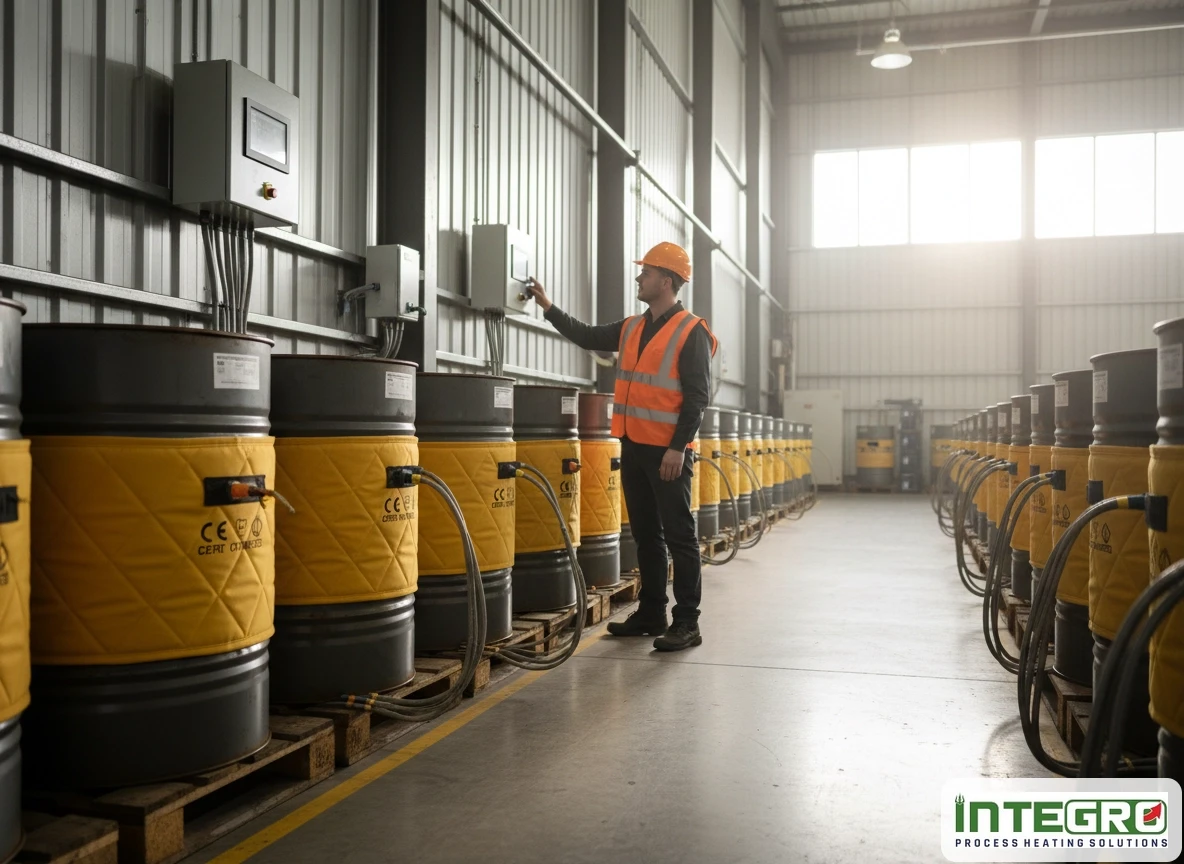 A technician using an industrial drum heater system for temperature maintenance for drums in a cold warehouse.