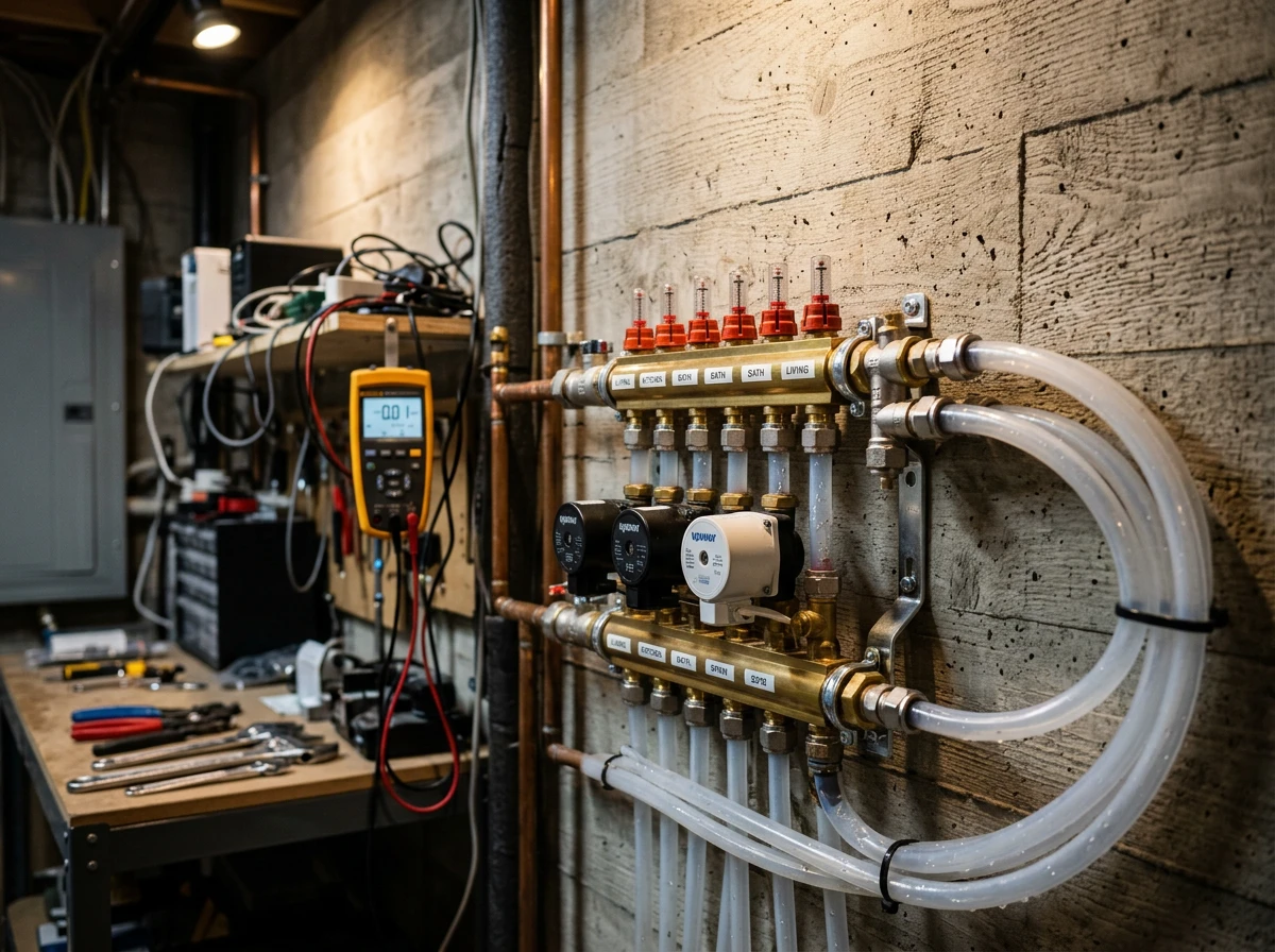 A hydronic radiant floor heating manifold mounted on a concrete wall with connected tubes and valves.