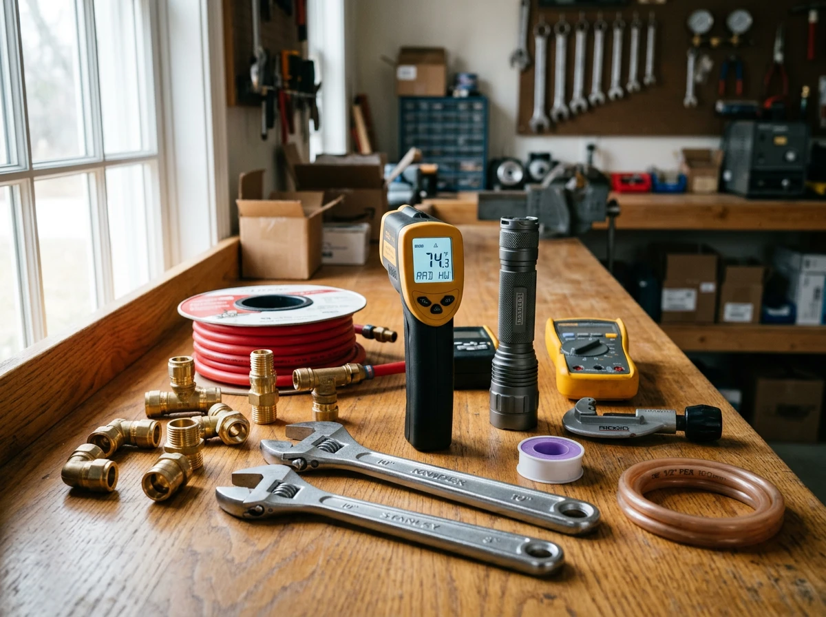 Tools and brass fittings arranged on a workbench for maintaining radiant floor heating systems.