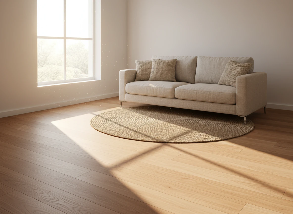 Bright living room with wood flooring heated by hydronic radiant floor heating systems