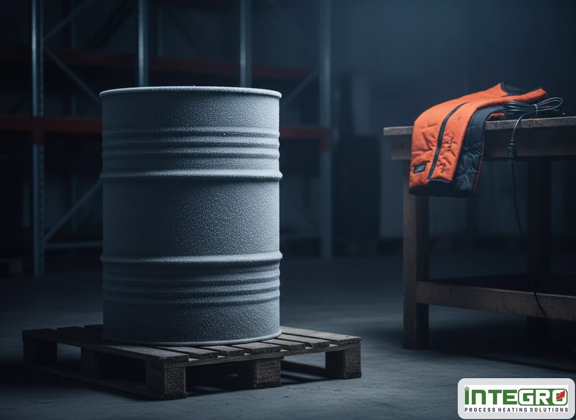 A frosted metal drum heater on a pallet with a barrel heater blanket resting on a nearby wooden table.