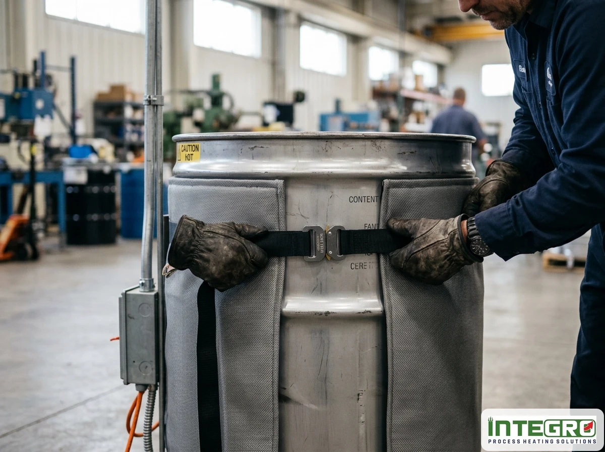 Worker in gloves wrapping a flexible heating jacket around a metal drum heater in a factory.