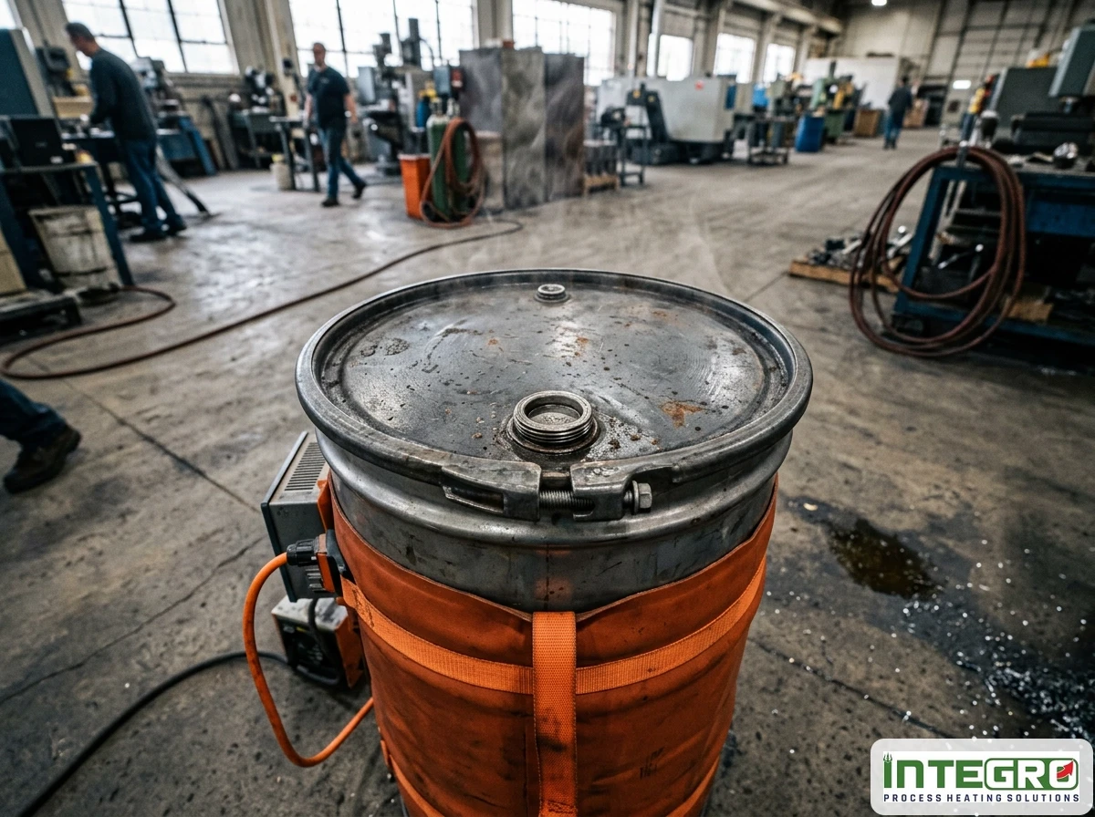 An orange electric drum heater installed on a metal drum heater inside a busy workshop.