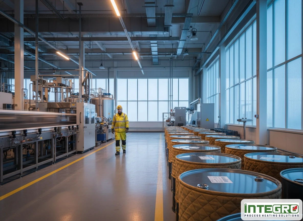 Factory worker walking past industrial drums wrapped in 55 gallon drum heating blankets.